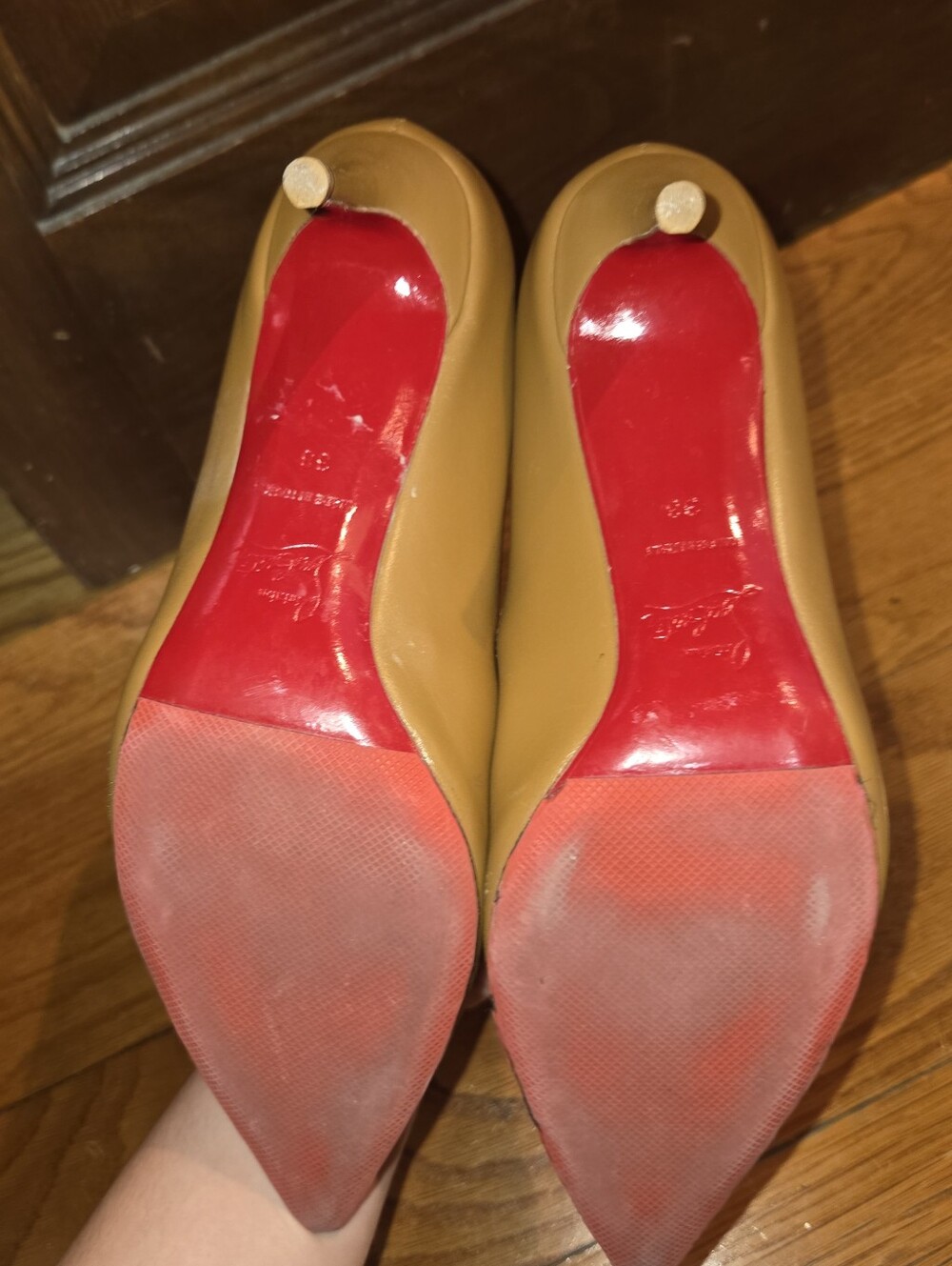 Christian Louboutin Olive-Tan Pointed Leather Pumps 65mm - Picture 2 of 6